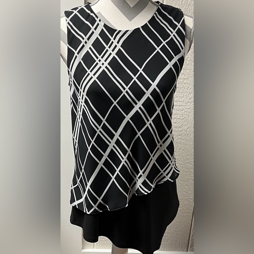 Sleeveless Black & White Plaid Layered Women's Top